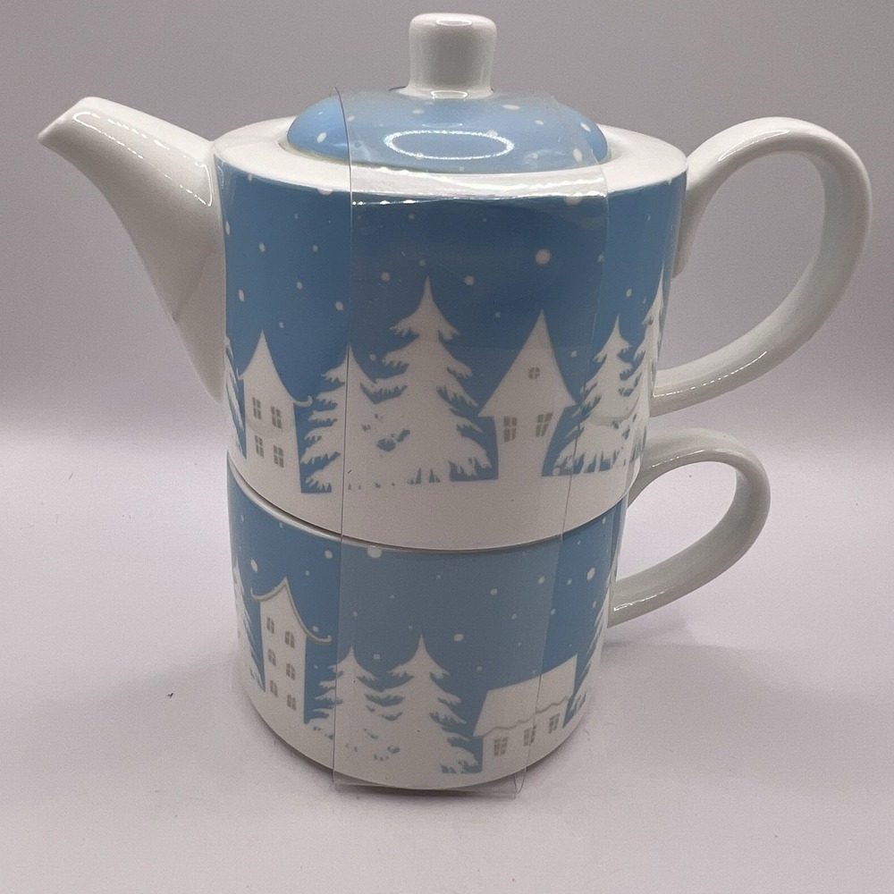 Touch Organic Teapot blue winter scene 15 tea bags Christmas NWT